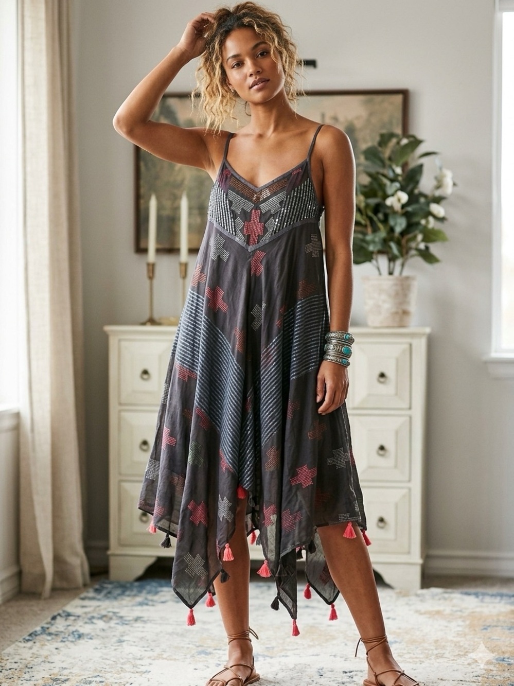 Free People Boho style Hem Spaghetti Strap Dress in Charcoal